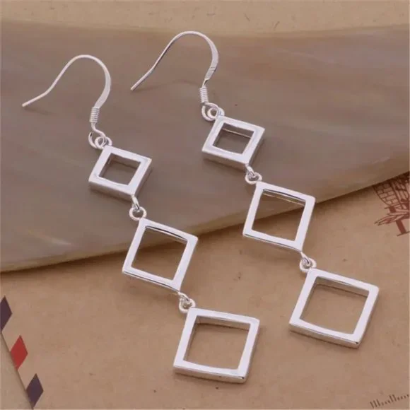 Gorgeous Hypoallergenic Hanging Squares 925 Sterling Silver 3 Inch Long Earrings - Picture 4 of 6